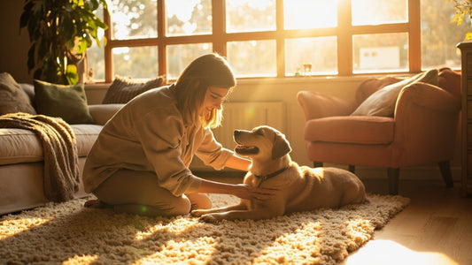 dog and owner sharing a gentle moment in a bright, cozy living room